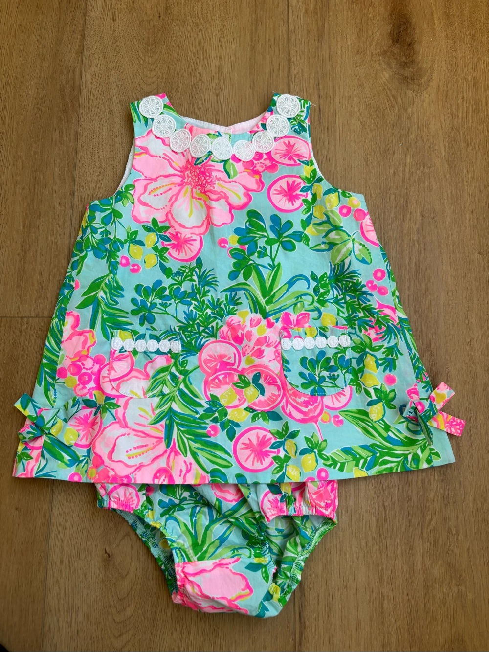 Lilly Pulitzer Baby Floral Dress & Bloomer 2 piece Set Pink & Aqua 18-24 Months
